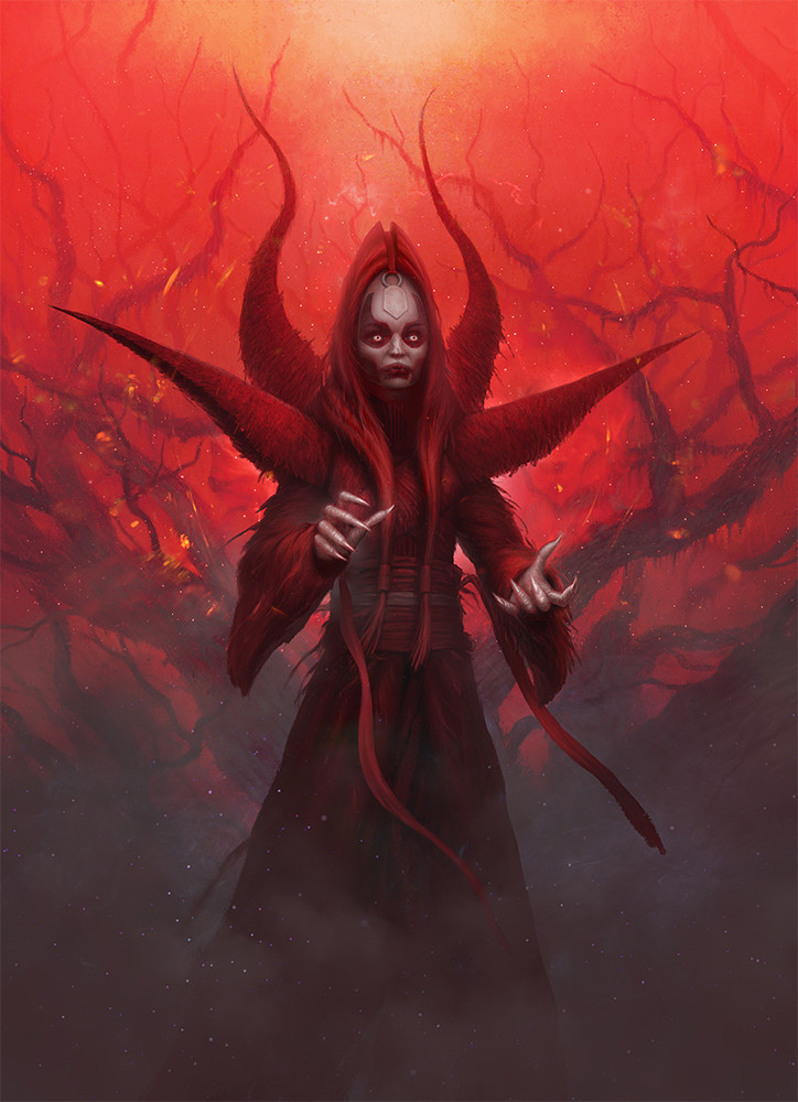 1girl alexandr_elichev colored_skin grey_skin hooded_robe looking_at_viewer mother_talzin red_robe robe solo star_wars white_eyes