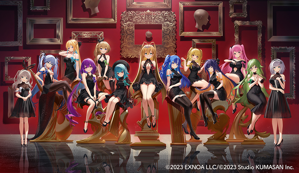 2023 6+girls aqua_hair bare_shoulders black_dress black_hair black_pantyhose blonde_hair blue_eyes blue_hair breasts brown_hair character_request cleavage_cutout clothing_cutout dress flower full_body game_cg girls_creation gradient_hair green_hair grey_hair high_heels large_breasts legs long_hair medium_breasts multicolored_hair multiple_girls pantyhose pink_eyes pink_hair ponytail purple_eyes purple_hair reflective_floor rose shoes short_hair similar_clothes sitting skirt twintails