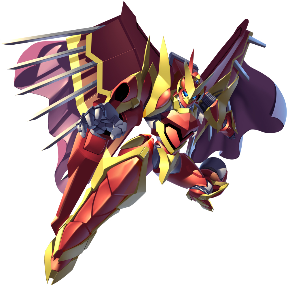 blue_eyes cape code_geass code_geass:_soubou_no_oz kuri_giepi lancelot_(code_geass) lancelot_grail looking_at_viewer mecha no_humans open_hand purple_cape robot science_fiction solo white_background