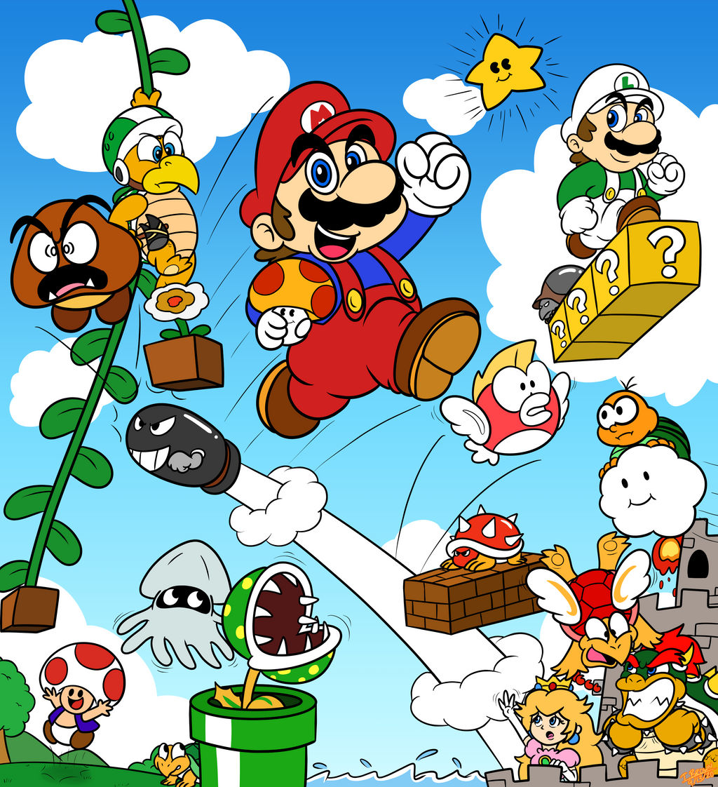 1girl 2boys ?_block angry block_(object) blonde_hair blooper_(mario) blue_eyes blue_sky bowser brick_block brothers brown_hair bullet_bill castle cheep_cheep crown dress facial_hair fire goomba grin hammer_bro hat horns jumping koopa_paratroopa koopa_troopa lakitu lava_bubble luigi mario mario_(series) multiple_boys mustache nintendo pink_dress smoking_pipe piranha_plant plant princess_peach red_hair running siblings sky smile spiny super_star_(mario) super_mario_bros._1 super_mushroom toad_(mario) vines water