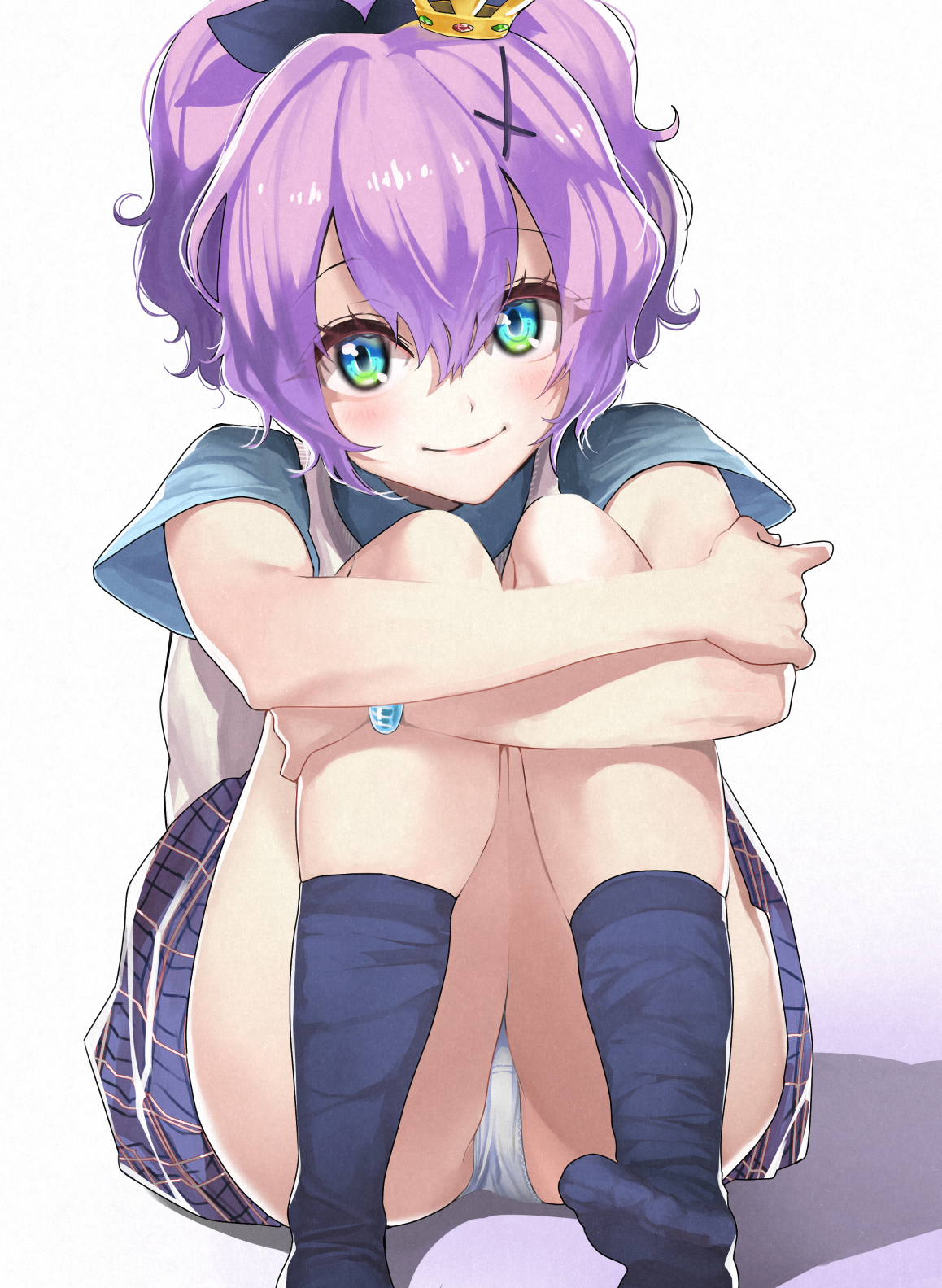 1girl azur_lane black_bow black_socks blue_eyes bow closed_mouth commentary_request cross_hair_ornament crown eyes_visible_through_hair green_eyes hair_ornament highres hugging_own_legs javelin_(azur_lane) javelin_(slow_ahead!)_(azur_lane) kneehighs knees_up mini_crown miniskirt multicolored_eyes no_shoes ootani_nonno panties pantyshot plaid_clothes plaid_skirt ponytail purple_hair revision school_uniform short_sleeves sidelocks simple_background sitting skirt smile socks solo sweater underwear white_panties