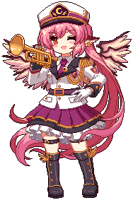 1girl alternate_costume alternate_hairstyle animal_ears belt bird_ears black_belt black_boots black_skirt blazer boots collared_shirt crescent_print earrings frilled_skirt frills full_body game_cg gloves hat holding holding_instrument holding_trumpet instrument jacket jewelry knee_boots kumio layered_skirt long_sleeves lowres military_hat military_uniform multicolored_belt mystia_lorelei necktie one_eye_closed pink_hair ponytail purple_belt purple_necktie purple_skirt purple_wings shirt skirt solo striped_belt tachi-e thigh_strap third-party_source touhou touhou_mystia&#039;s_izakaya trumpet white_gloves white_hat white_jacket wings