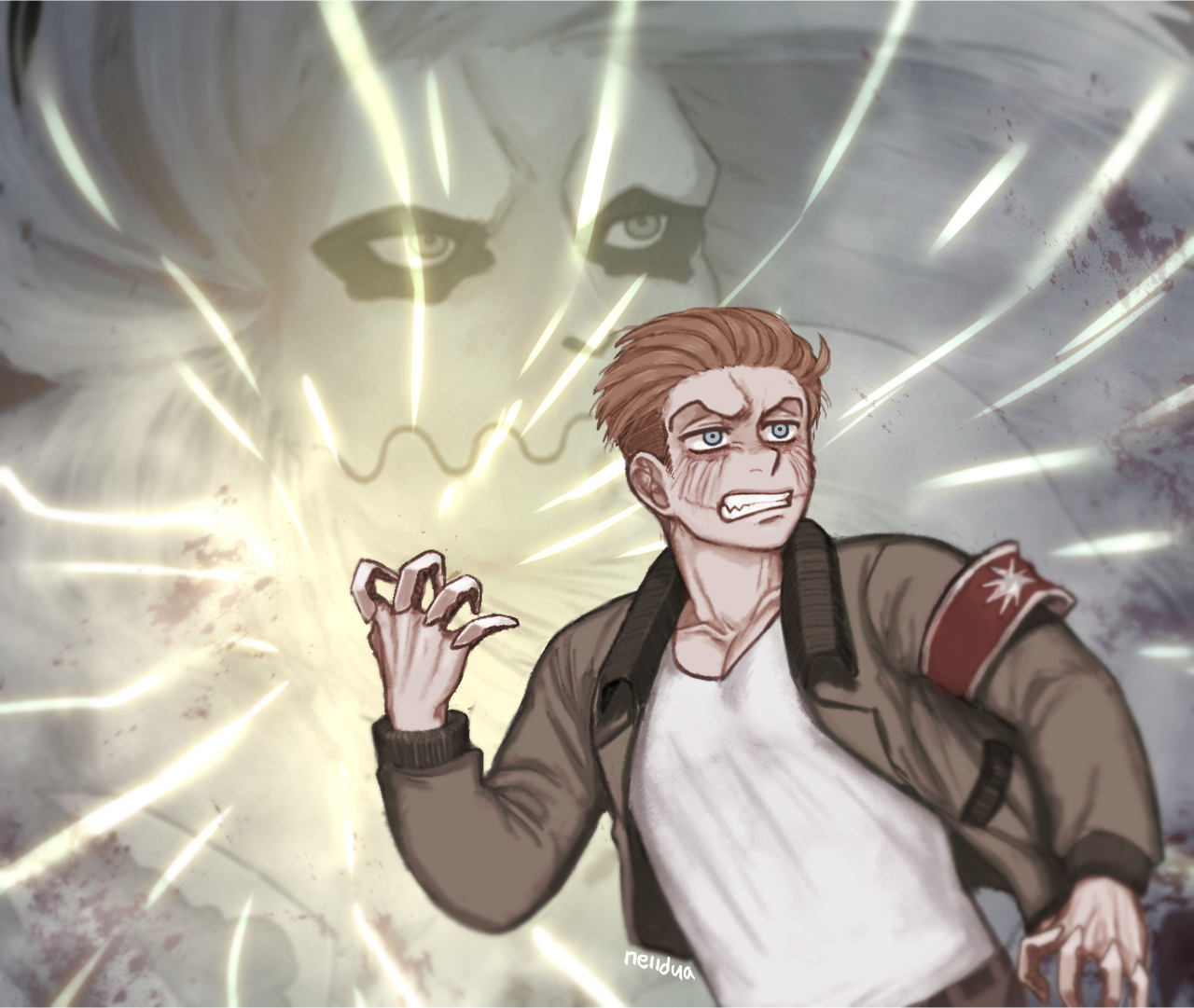 1boy angry armband beard blonde_hair blue_eyes claws clenched_teeth facial_hair facial_mark hair_pulled_back hair_slicked_back jacket jaw_titan logo long_hair male_focus mina_(als_dk) porco_galliard red_armband scar scar_on_face serious shingeki_no_kyojin short_hair star_(symbol) teeth titan_(shingeki_no_kyojin) undercut