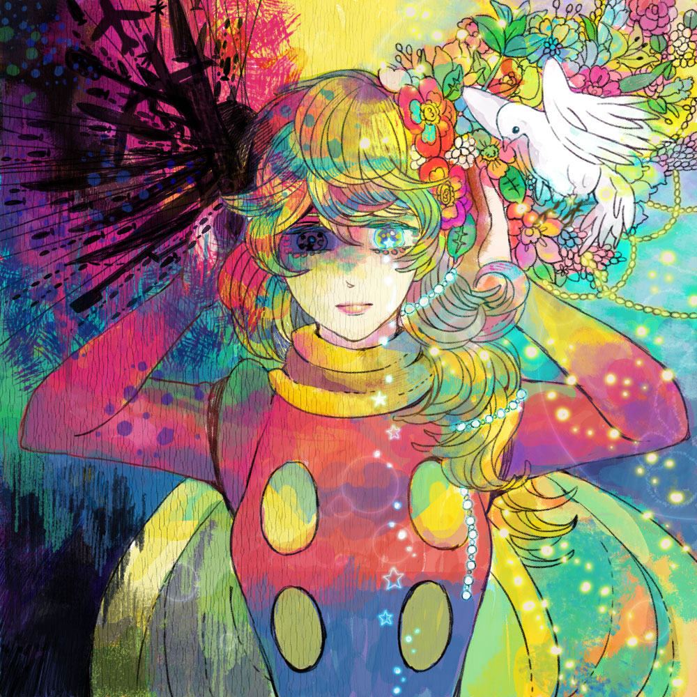 1960s_(style) 1girl aqua_eyes beads bird blonde_hair colorful cyborg_009 dove female_focus flower francoise_arnoul lips long_hair nosuke_(umiboshi) oldschool retro_artstyle scarf solo