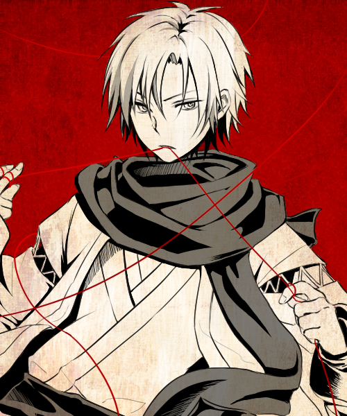 1boy antenna_hair bishounen commentary_request expressionless fingernails greyscale_with_colored_background haori holding holding_string japanese_clothes kimono long_sleeves looking_at_viewer male_focus miruru_(palegray) mouth_hold nura_rikuo nurarihyon_no_mago parted_bangs parted_lips red_background sash scarf short_hair simple_background solo spot_color string string_of_fate upper_body waist_sash wide_sleeves