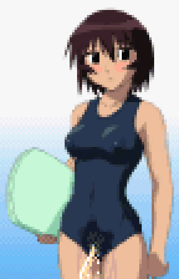 1girl azumanga_daiou blue_one-piece_swimsuit blue_school_swimsuit blush breasts brown_eyes brown_hair collarbone covered_erect_nipples holding holding_kickboard kagura_(azumanga_daioh) kickboard looking_to_the_side medium_breasts one-piece_swimsuit peeing peeing_self pixel_art pool saiwai_hiroshi school_swimsuit short_hair standing swimsuit water wet wet_clothes wet_swimsuit white_background