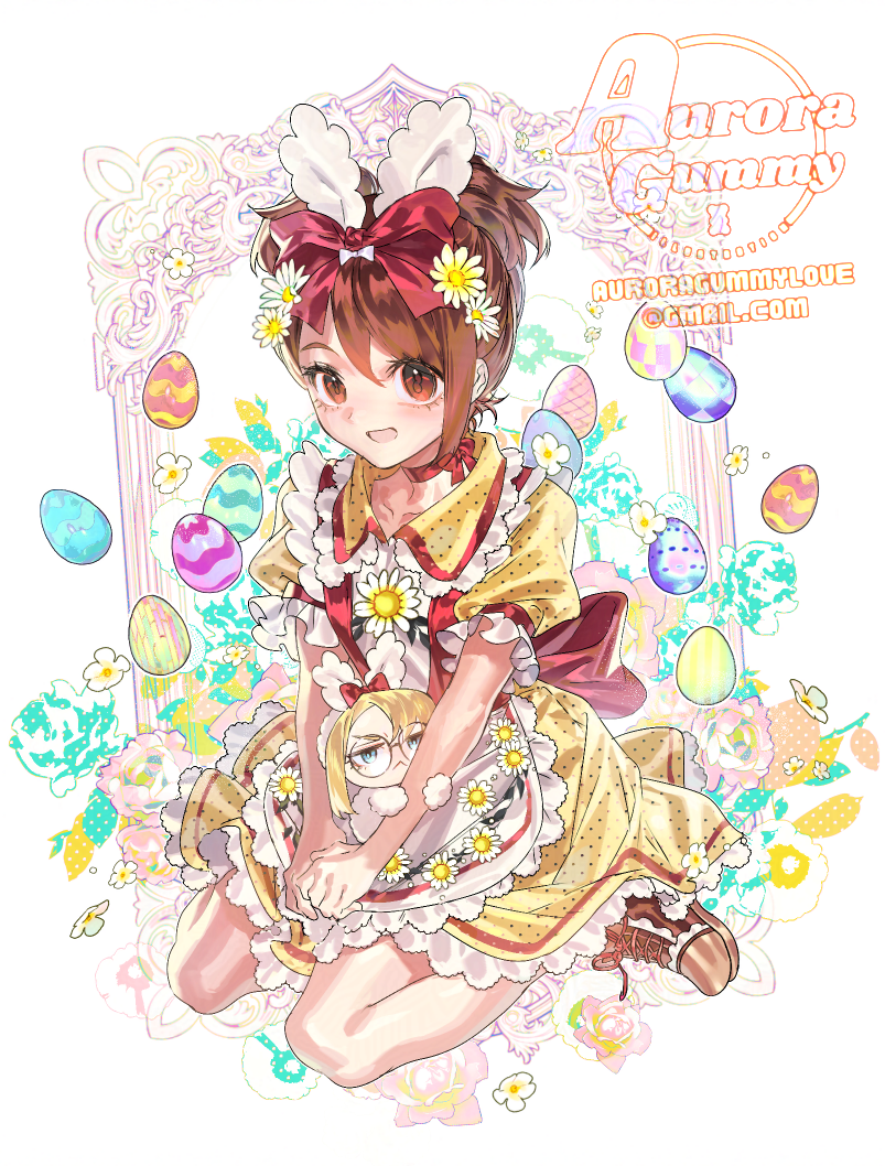 1girl :d alternate_costume apron auroragummy avery_(pokemon) bow brown_eyes brown_hair brown_shoes choker collarbone collared_dress commentary_request dress easter easter_egg egg email_address flower gloria_(pokemon) hair_flower hair_ornament korean_commentary nintendo open_mouth own_hands_together pokemon pokemon_swsh red_bow red_choker shoes sitting smile watermark white_apron white_flower yellow_dress