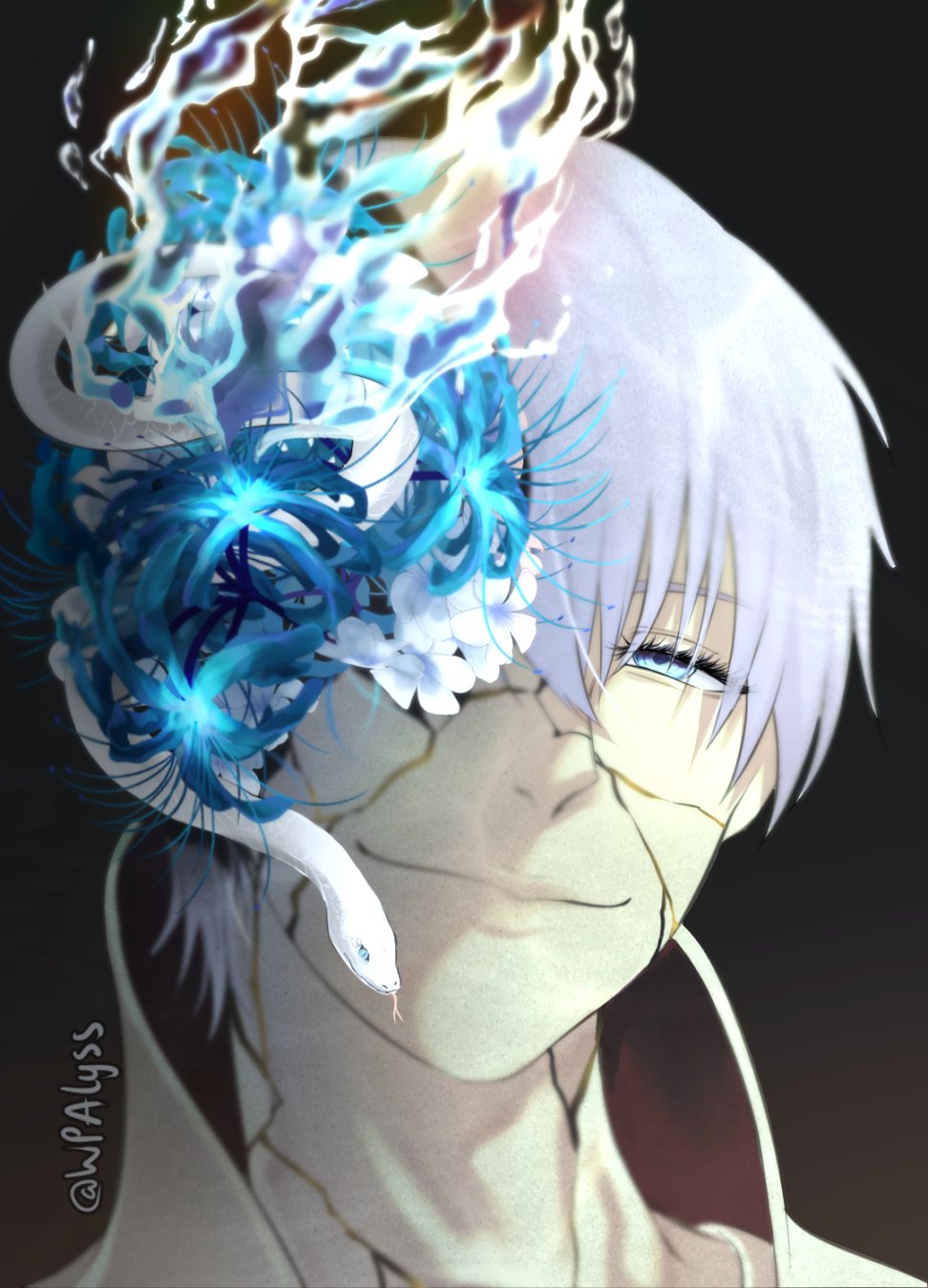 1boy black_background bleach blue_eyes blue_flower blue_spider_lily close-up closed_mouth commentary cracked_skin eyebrows_hidden_by_hair eyelashes film_grain fire flower grey_hair hair_between_eyes highres ichimaru_gin looking_at_viewer male_focus nose short_hair simple_background smile snake solo spider_lily symbol-only_commentary tsurime twitter_username wpalyss
