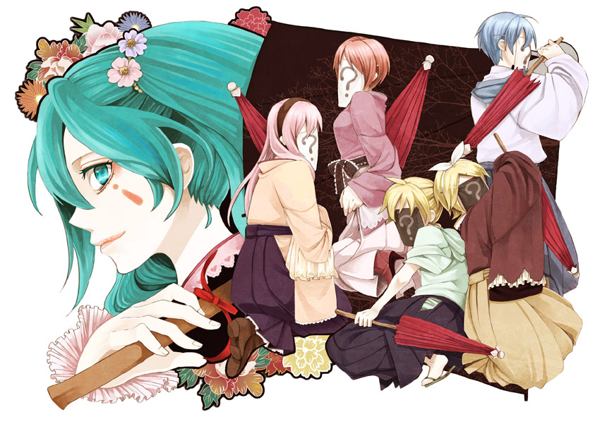 2boys 4girls ? aqua_eyes aqua_hair bad_id bad_pixiv_id blonde_hair blue_hair brown_hair flower hair_ribbon hatsune_miku japanese_clothes kagamine_len kagamine_rin kaito_(vocaloid) kuro_ya mask megurine_luka meiko_(vocaloid) multiple_boys multiple_girls oil-paper_umbrella pink_hair renya ribbon short_hair smile tokitou_fuji twintails umbrella vocaloid
