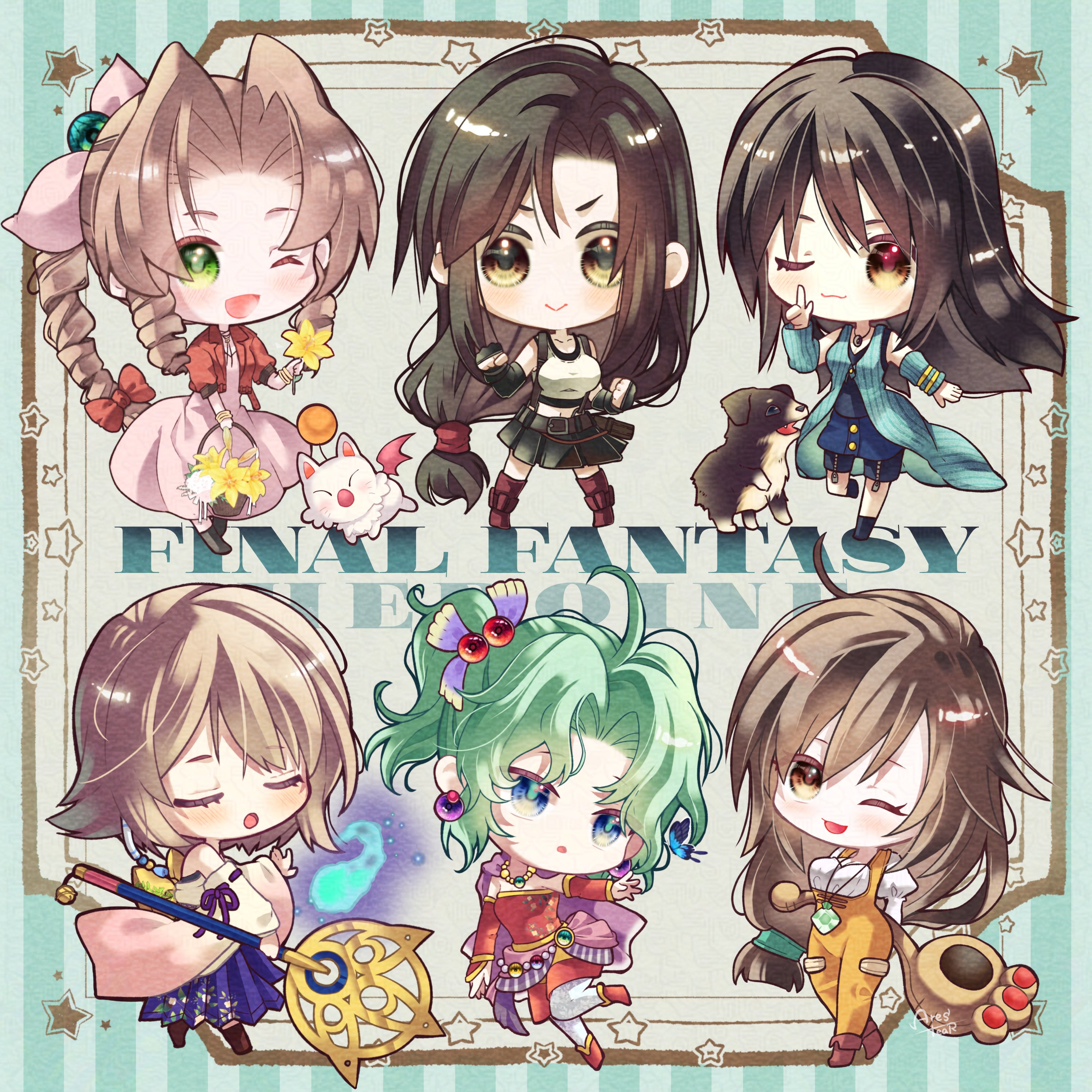6+girls :3 absurdres aerith_gainsborough angelo_(ff8) arestear0701 arm_warmers artist_name bangle bare_shoulders basket beads bike_shorts black_boots black_bra black_shirt black_shorts black_skirt blue_butterfly blue_cardigan blue_eyes blue_skirt bodysuit boots bra bracelet braid braided_ponytail breasts brown_boots brown_eyes brown_hair bug butterfly cape cardigan chibi chibi_only choker clenched_hands closed_eyes closed_mouth creature crop_top cropped_jacket crystal detached_sleeves dog dress earrings elbow_gloves final_fantasy final_fantasy_ix final_fantasy_vi final_fantasy_vii final_fantasy_vii_remake final_fantasy_viii final_fantasy_x fingerless_gloves flower flower_basket flower_choker full_body furrowed_brow garnet_til_alexandros_xvii gloves gold_trim green_eyes hair_beads hair_between_eyes hair_bobbles hair_ornament hair_ribbon hair_tie highres holding holding_basket holding_flower holding_staff insect jacket japanese_clothes jewelry juliet_sleeves light_blush lily_(flower) long_dress long_hair long_skirt long_sleeves looking_at_viewer low-tied_long_hair materia medium_breasts medium_hair midriff miniskirt moogle multiple_girls necklace nontraditional_miko obi one_eye_closed open_mouth orange_bodysuit pantyhose parted_bangs parted_lips pendant pink_dress pink_ribbon pleated_skirt pointing puffy_short_sleeves puffy_sleeves purple_cape pyrefly red_boots red_dress red_jacket red_sleeves ribbon ring ring_necklace rinoa_heartilly sash shirt short_sleeves shorts sidelocks single_braid skirt smile sports_bra staff strapless strapless_dress striped_background suspenders tifa_lockhart tina_branford tube_dress underbust underwear waist_sash wavy_hair white_background white_pantyhose white_shirt white_sleeves wide_sleeves yellow_flower yuna_(ff10)
