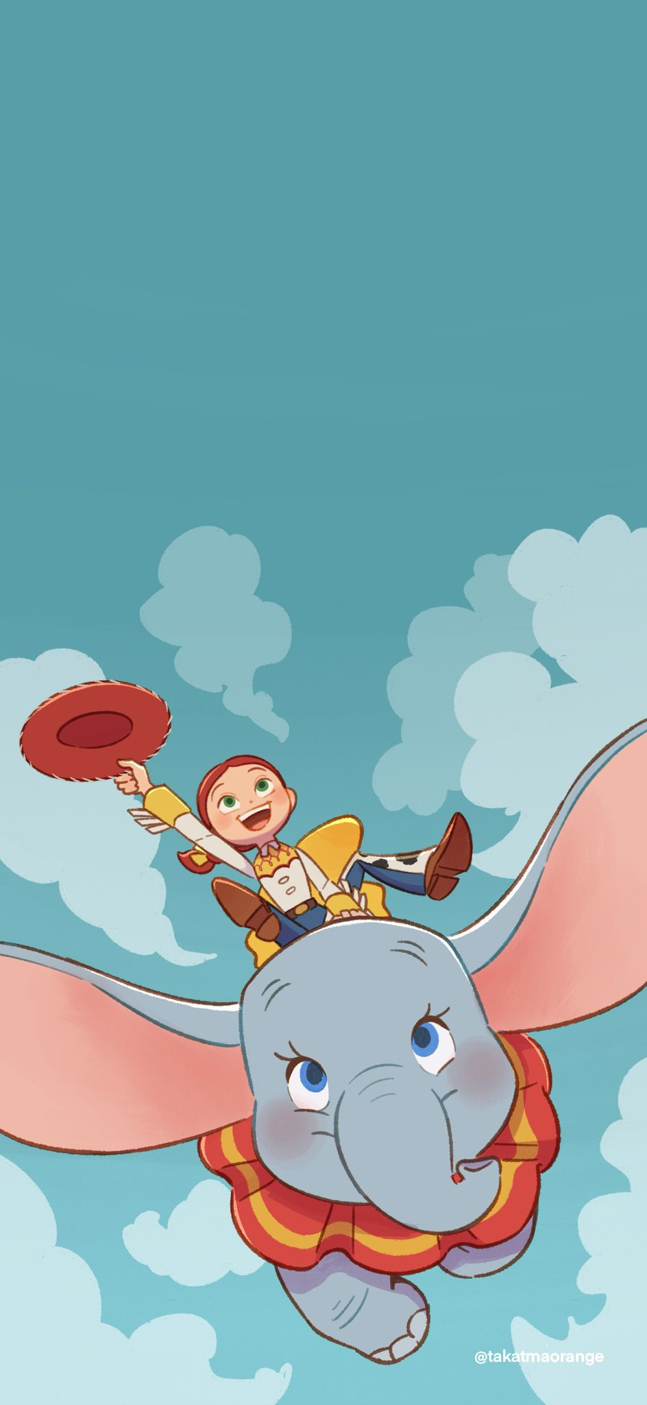 1boy 1girl animal_print belt boots braid chaps cow_print cowboy_hat cowgirl_(western) dumbo dumbo_(character) elephant green_eyes hat highres jessie_the_yodeling_cowgirl long_hair long_sleeves print_chaps red_hair shirt single_braid smile takatmaorange toy_story toy_story_2 yoke_(clothing)