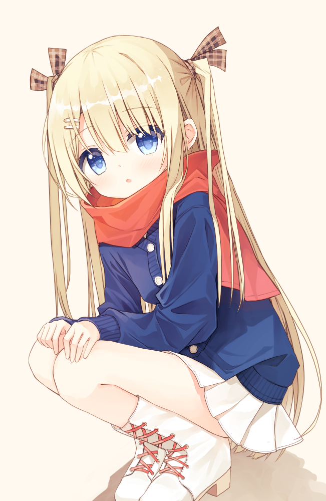 1girl :o blonde_hair blue_jacket boots bow brown_background brown_bow flower_girl_(yuuhagi_(amaretto-no-natsu)) hair_between_eyes hair_bow hair_ornament hairclip hands_on_own_knees high_heel_boots high_heels jacket long_hair long_sleeves looking_at_viewer original parted_lips plaid_bow pleated_skirt red_scarf scarf shadow skirt sleeves_past_wrists solo squatting two_side_up very_long_hair white_boots white_skirt yuuhagi_(amaretto-no-natsu)