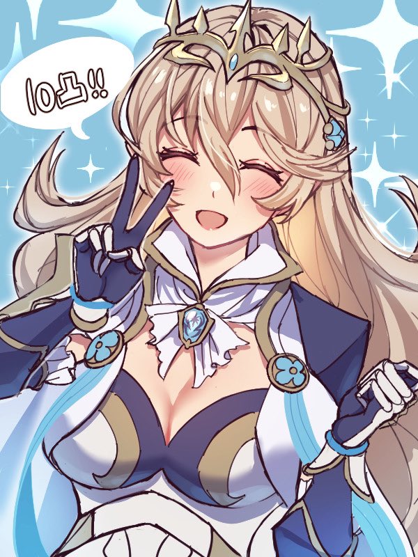 1girl armor blush breasts cape cleavage corrin_(female)_(fire_emblem) corrin_(female)_(silent_bloodline)_(fire_emblem) crown fire_emblem fire_emblem_fates fire_emblem_heroes gloves hair_between_eyes hair_ornament hairband jewelry karashino large_breasts long_hair looking_at_viewer medium_breasts nintendo official_alternate_costume open_mouth pointy_ears shoulder_armor smile solo