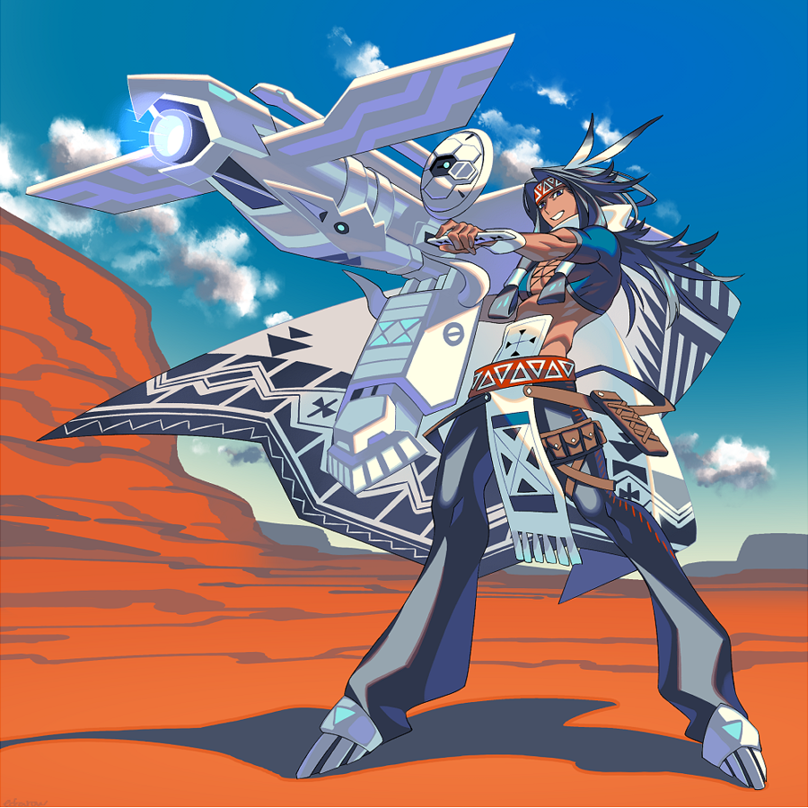 1boy blue_eyes blue_hair canyon cape cross-laced_clothes desert edarow energy_gun feather_hair_ornament feathers full_body grey_pants grin hair_ornament headband holding holding_weapon long_hair looking_at_viewer male_focus native_american original outdoors outstretched_arm pants pelvic_curtain red_headband short_sleeves sidelocks smile solo weapon white_cape