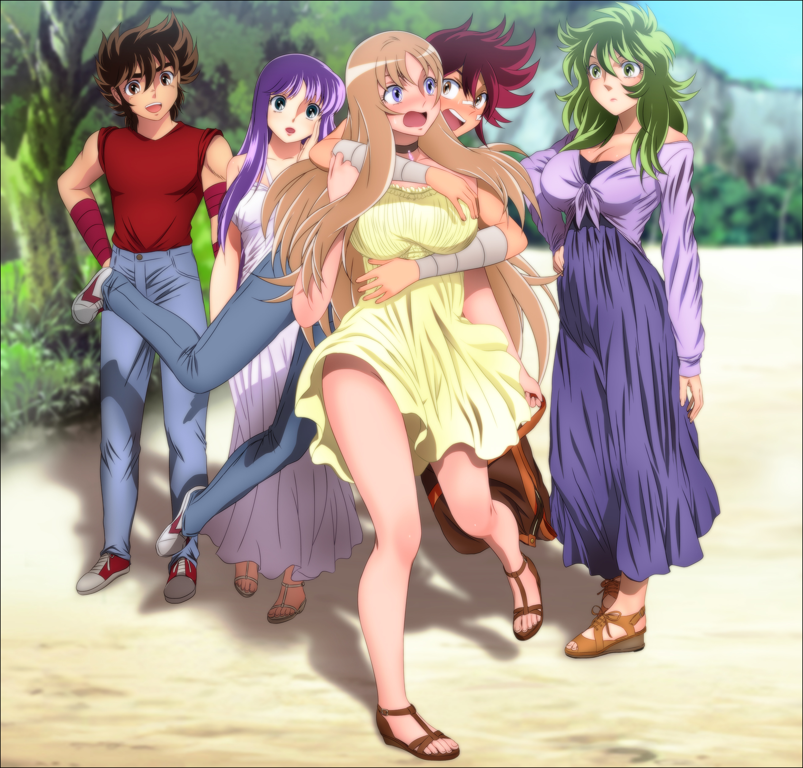 10s 2boys 3girls absurdres aquila_yuna athena black_eyes blonde_hair blue_eyes blush breasts brown_eyes brown_hair cleavage denim dress everyone feet grabbing_another's_breast green_eyes green_hair groping hand_on_own_hip happy highres hug jeans kido_saori large_breasts legs long_hair multiple_boys multiple_girls open_mouth ophiuchus_shaina pants pegasus_koga pegasus_seiya purple_hair red_hair saint_seiya saint_seiya_omega sandals shadow shoes short_hair smile standing thighs toes tree wavy_hair yadokari_genpachirou