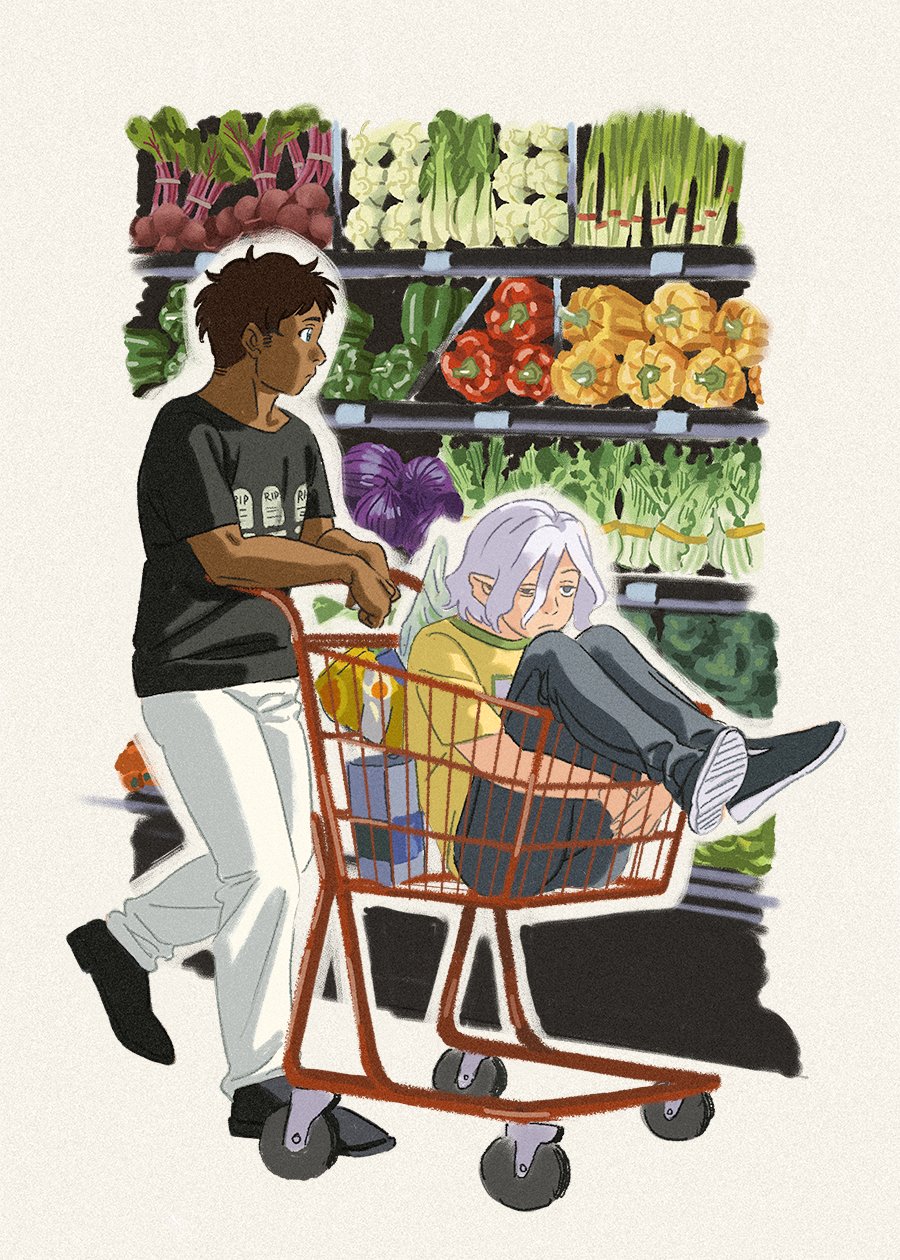 2boys amber389 bags_under_eyes black_eyes black_hair blue_eyes contemporary curly_hair dark-skinned_male dark_skin dungeon_meshi elf food grey_hair grocery_store highres in_shopping_cart kabru lazy_eye male_focus mithrun multiple_boys notched_ear official_alternate_costume pants pointy_ears print_shirt shirt shopping_cart short_hair short_sleeves sitting t-shirt uneven_eyes vegetable walking
