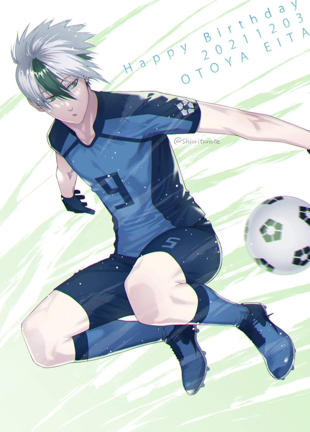 1boy be_imaro beanie black_jacket blue_lock character_request commentary_request green_eyes green_hair green_hat grey_background hair_over_one_eye hat headphones headphones_around_neck highres jacket long_sleeves looking_at_viewer male_focus multicolored_hair original otoya_eita parted_lips simple_background sleeves_past_wrists solo teeth two-tone_hair upper_body upper_teeth_only white_hair