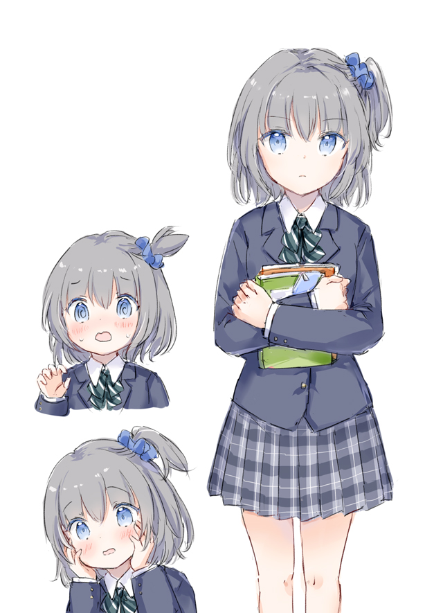 1girl @_@ blue_eyes blue_jacket blue_scrunchie blush bow collared_shirt commentary_request cropped_torso diagonal-striped_bow expressive_hair feet_out_of_frame grey_hair grey_skirt hair_between_eyes hair_ornament hair_scrunchie hands_on_own_face hands_up hugging_object jacket multiple_views one_side_up open_mouth original plaid_clothes plaid_skirt pleated_skirt school_uniform scrunchie shirt simple_background skirt standing sweat wataame27 white_background white_shirt