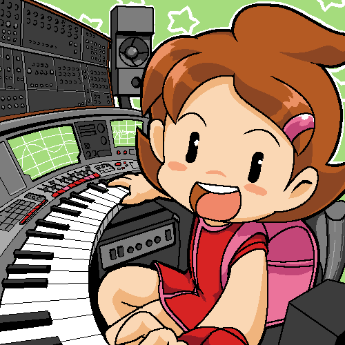 13th_coffin 1girl backpack bag black_eyes brown_hair character_request child copyright_request green_background hair_ornament hairclip instrument jaggy_lines keyboard_(instrument) lowres music oekaki oscilloscope playing_instrument randoseru round_teeth short_hair sitting solo speaker synthesizer teeth
