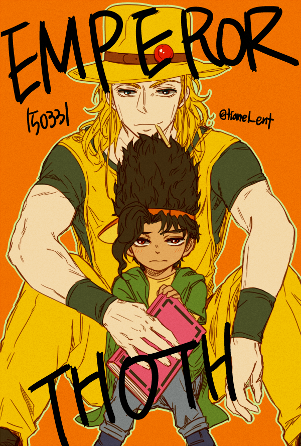 2boys beehive_hairdo black_hair blonde_hair boingo book brown_eyes child cigarette cowboy_hat dark-skinned_male dark_skin hat hol_horse holding holding_book jojo_no_kimyou_na_bouken multiple_boys sitting smirk stand_(jojo) stardust_crusaders thoth_(stand) tianel_ent visor_cap