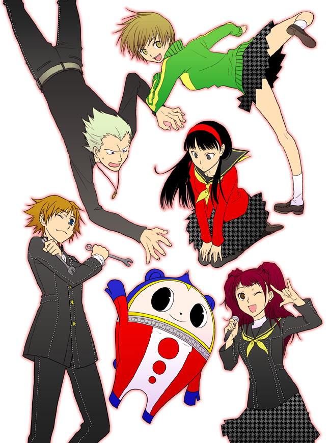 2boys 3girls \m/ amagi_yukiko atlus hanamura_yousuke high_kick kicking kujikawa_rise kuma_(persona_4) macross macross_frontier multiple_boys multiple_girls one_eye_closed pantyhose parody persona persona_4 satonaka_chie school_uniform seikan_hikou short_hair spanner_(reborn!) tatsumi_kanji tomboy torii_(chika) wink wrench