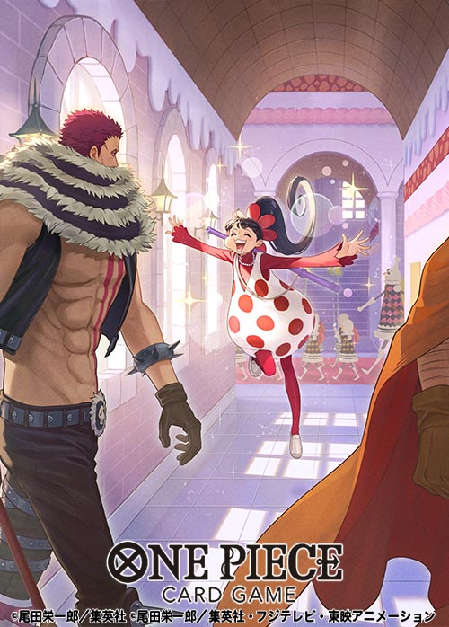 1girl 2boys ^_^ abs black_gloves black_vest bracelet brother_and_sister cape charlotte_flampe charlotte_katakuri charlotte_oven closed_eyes commentary_request copyright_name dress full_body gloves holding holding_weapon jewelry multiple_boys official_art one_piece one_piece_card_game orange_cape otton outstretched_arms people ponytail purple_hair scarf siblings sparkle spiked_bracelet spikes vest weapon