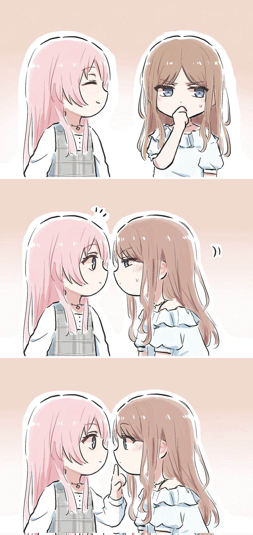 2girls bang_dream! bang_dream!_it&#039;s_mygo!!!!! blush brown_hair chihaya_anon closed_eyes closed_mouth commentary_request corrupted_twitter_file dress eye_contact grey_dress highres imminent_kiss index_finger_raised jewelry leaning_forward long_hair long_sleeves looking_at_another lyy multiple_girls nagasaki_soyo necklace pinafore_dress pink_hair plaid_clothes plaid_dress shirt short_sleeves sidelocks sleeveless sleeveless_dress smile sweatdrop white_shirt yuri