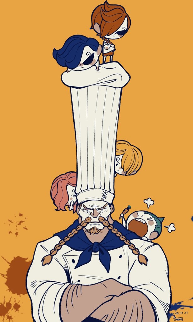 1girl 5boys beard blink_mints blonde_hair blue_hair blue_neckerchief brother_and_sister carrot chef_hat commentary_request crossed_arms curly_eyebrows dated facial_hair green_hair hair_over_one_eye hat holding holding_carrot korean_commentary long_mustache multiple_boys mustache neckerchief one_piece open_mouth orange_background pink_hair puff_of_air red-leg_zeff red_hair sanji_(one_piece) siblings signature simple_background splatter sunglasses upper_body vinsmoke_ichiji vinsmoke_niji vinsmoke_reiju vinsmoke_yonji