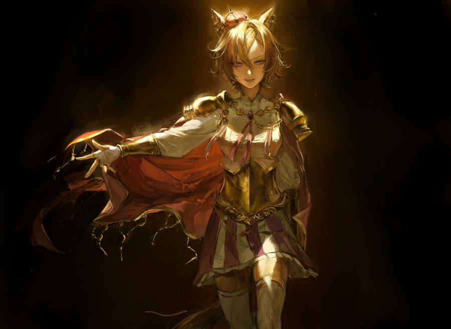 1girl animal_ears black_background cape commentary cowboy_shot crown hair_between_eyes horse_ears horse_girl looking_at_viewer mini_crown orange_hair pink_cape seapall short_hair simple_background solo t.m._opera_o_(umamusume) thighhighs two-tone_skirt umamusume white_thighhighs