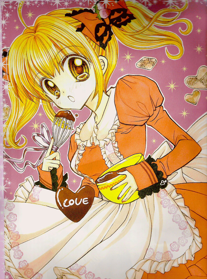 00s 1girl :o ahoge apron blonde_hair blush bowl brown_eyes candy chocolate chocolate_heart cooking dress female_focus floral_print food food-themed_clothes frills fruit hair_ornament hair_ribbon hanamori_pink heart lace long_hair maid maid_apron mermaid_melody_pichi_pichi_pitch nail_polish nanami_lucia official_art open_mouth orange_dress red_nails ribbon scan short_twintails solo sparkle strawberry surprised twintails valentine whisk yellow_eyes