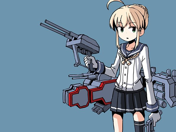 1girl adapted_turret ahoge artoria_pendragon_(fate) asymmetrical_legwear blonde_hair blue_background braid braided_bun cosplay crown_braid fate/stay_night fate_(series) female_focus gloves green_eyes hair_bun hair_ribbon isokaze_(kancolle) isokaze_(kancolle)_(cosplay) kantai_collection kawasumi_ayako long_hair long_sleeves machinery neckerchief pleated_skirt remodel_(kantai_collection) ribbon saber_(fate) school_uniform serafuku single_thighhigh sixten skirt solo thighhighs uneven_legwear white_gloves yellow_neckerchief
