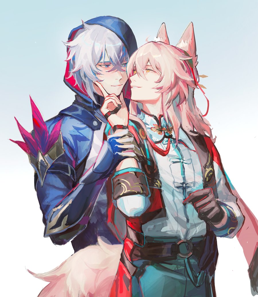 2boys animal_ear_fluff animal_ears arm_belt arm_up belt black_belt closed_mouth commentary couple crossed_bangs duetrofl eye_contact fox_boy fox_ears fox_tail green_pants grey_hair hair_between_eyes hair_ribbon hand_on_another&#039;s_arm hashtag-only_commentary honkai:_star_rail honkai_(series) hood hood_up hooded_jacket index_finger_raised jacket jiaoqiu_(honkai:_star_rail) long_hair looking_at_another male_focus mandarin_collar moze_(honkai:_star_rail) multicolored_eyes multiple_boys o-ring o-ring_belt pants pink_hair plume purple_jacket red_ribbon ribbon shirt shirt_tucked_in simple_background sleeve_cuffs smile tail two-sided_hood white_background white_shirt yaoi yellow_eyes