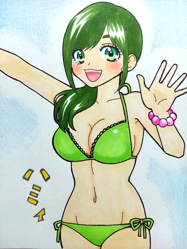 1girl bikini bracelet breasts cleavage collarbone green_bikini green_eyes green_hair hammie_(uchuu_sentai_kyuuranger) jewelry kwai_chi large_breasts long_hair looking_at_viewer navel open_mouth side-tie_bikini_bottom smile standing super_sentai swimsuit teeth uchuu_sentai_kyuuranger waving