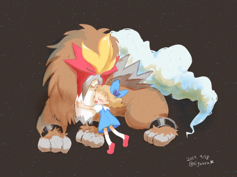 1girl 1other 2017 artist_request blonde_hair closed_eyes dated dress entei eyelashes full_body gen_2_pokemon hair_ornament hug legendary_pokemon molly_hale nintendo pokemon pokemon_(anime) pokemon_(classic_anime) pokemon_(creature) pokemon_3:_the_movie_-_spell_of_the_unown:_entei short_sleeves smile