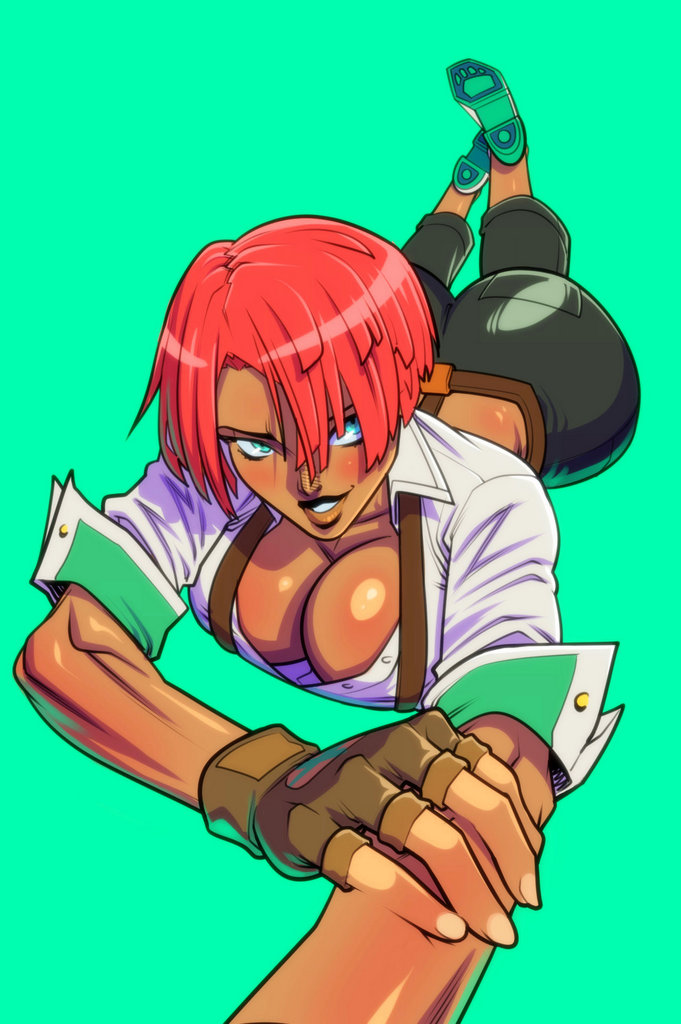 1girl ankle_boots ass back bell-bottoms belt black_pants blush boots breasts brown_belt brown_gloves brown_lips cleavage dark-skinned_female dark_skin downblouse fingerless_gloves fingernails foreshortening giovanna_(guilty_gear) gloves green_background green_boots green_eyes groove1121 guilty_gear guilty_gear_strive hair_over_one_eye huge_ass invisible_floor large_breasts looking_at_viewer lying on_stomach pants partially_unbuttoned red_hair selfie shirt short_hair sleeves_pushed_up smile solo suspenders the_pose tight_clothes tight_pants very_dark_skin white_shirt