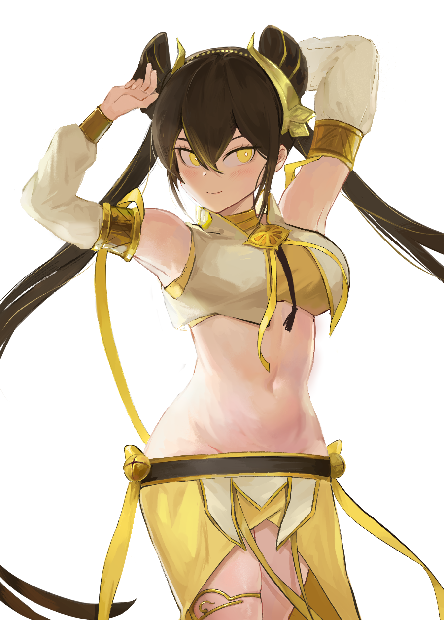 1girl arm_up armpits bell black_hair breasts detached_sleeves double_bun duel_monster gold_thighlet hair_between_eyes hair_bun hair_ornament highres japanese_clothes large_breasts long_hair long_sleeves navel nbee_ya nontraditional_miko ohime_the_manifested_mikanko simple_background solo very_long_hair white_background yellow_eyes yu-gi-oh!