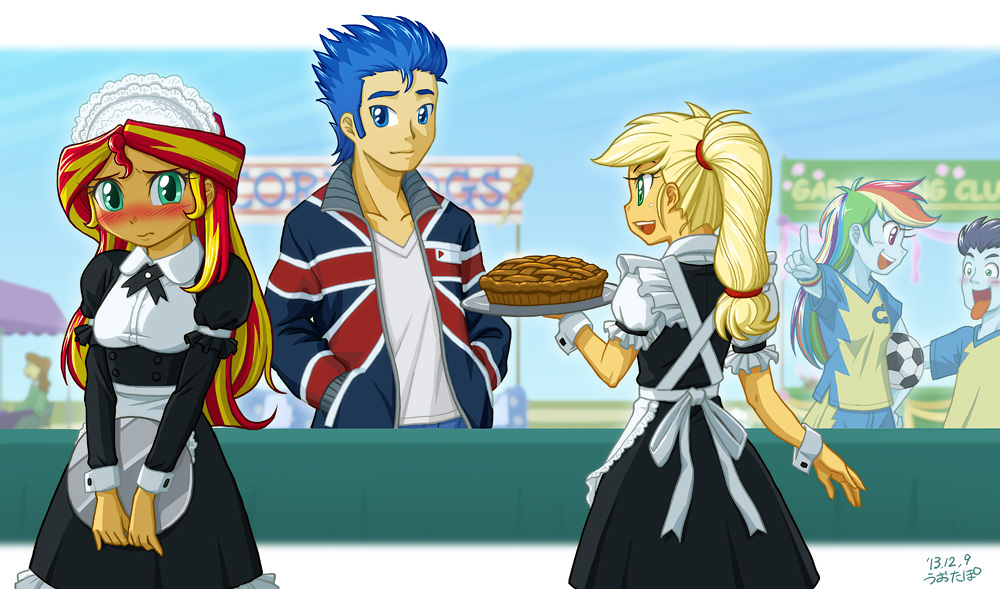 2boys 3girls applejack ball blush flash_sentry food maid multiple_boys multiple_girls my_little_pony my_little_pony:_equestria_girls my_little_pony:_friendship_is_magic personification pie rainbow_dash soarin soccer_ball sunset_shimmer tagme uotapo
