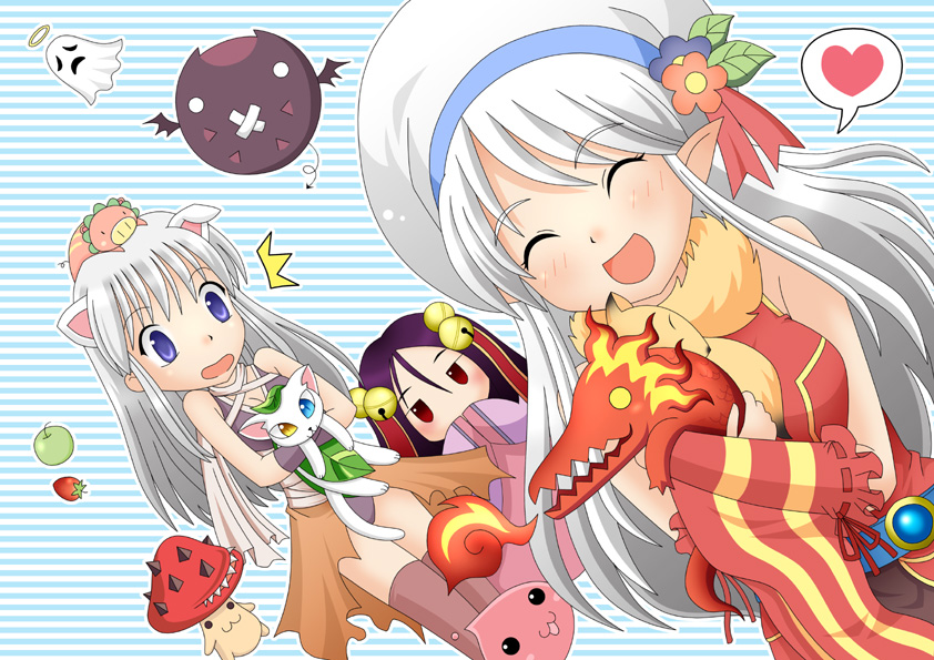 :3 animal animal_around_neck apple assassin_(ragnarok_online) bandages bandages_over_clothes bell blue_background blue_flower blush breasts brown_cape brown_thighhighs cape closed_eyes commentary_request cowboy_shot detached_sleeves deviruchi dress dutch_angle flower food fox fruit ghost green_apple grey_hair hair_bell hair_ornament hat hat_flower hat_ornament heart heterochromia jingle_bell leaf_cat leaf_hat_ornament long_hair medium_breasts meruya_(catcan) open_mouth piglet pointy_ears poring professor_(ragnarok_online) purple_eyes ragnarok_online red_dress red_eyes red_flower red_sleeves salamander_(ragnarok_online) savage_babe sheet_ghost sleeveless sleeveless_dress slime_(creature) smile sohee spoken_heart spore_(ragnarok_online) strawberry striped_background striped_sleeves tam_(ragnarok_online) thighhighs whisper_(ragnarok_online) white_hair white_hat yellow_sleeves
