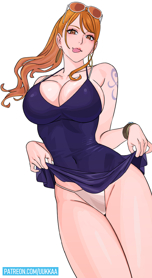 1girl bangle bare_legs bare_shoulders blue_dress bra_strap bracelet breasts brown_eyes cleavage clothes_lift collarbone commentary cosplay cowboy_shot dress dress_lift earrings eyewear_on_head halterneck high_ponytail hoop_earrings jewelry large_breasts log_pose long_hair looking_at_viewer nami_(one_piece) naughty_face nico_robin nico_robin_(cosplay) nico_robin_(dressrosa) one_piece orange-tinted_eyewear orange_hair paid_reward_available panties pantyshot patreon_username pink_lips ponytail short_dress shoulder_tattoo simple_background single_sidelock skindentation solo string_panties sunglasses tattoo thighs tinted_eyewear tongue tongue_out underwear uukkaa wavy_hair white_background white_panties