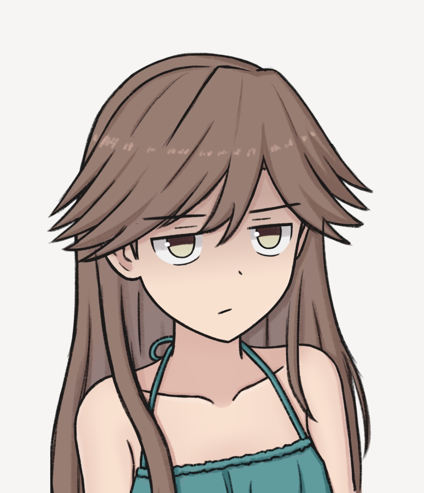 1girl arashio_(kancolle) bikini brown_eyes brown_hair closed_eyes cosplay green_bikini kantai_collection kasumi_(kancolle) kasumi_(kancolle)_(cosplay) kasumi_kai_ni_(kancolle) kasumi_kai_ni_(swimsuit)_(kancolle) konato_k looking_at_viewer simple_background solo swimsuit upper_body white_background