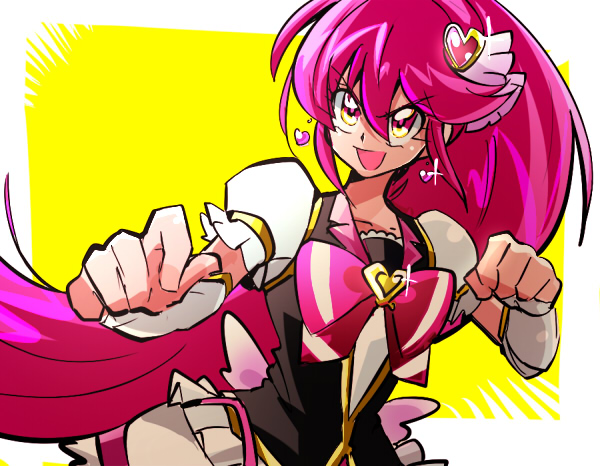 10s 1girl aino_megumi alternate_eye_color biho_(tsuinku) bow bowtie brooch cure_lovely earrings female_focus fighting_stance hair_ornament happinesscharge_precure! heart heart_brooch heart_hair_ornament high_ponytail jewelry long_hair magical_girl orange_eyes pink_bow pink_hair ponytail precure smile solo wide_ponytail wrist_cuffs yellow_background