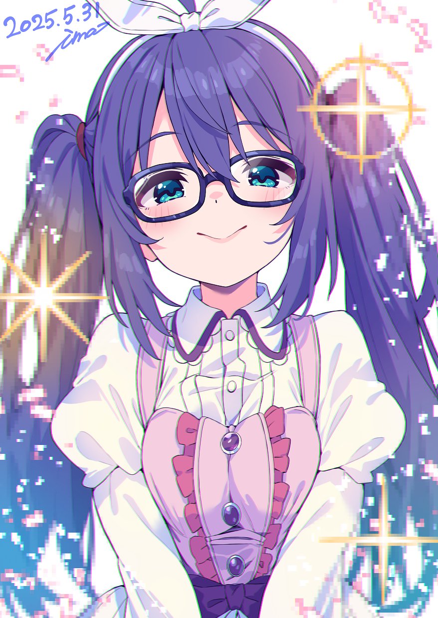 1girl :&gt; ahoge alternate_hairstyle aqua_eyes bespectacled blue-framed_eyewear blurry blush bow bow_hairband breasts closed_mouth confetti dated depth_of_field dot_nose dress frilled_dress frills glasses hair_between_eyes hair_tie hairband highres idolmaster idolmaster_million_live! idolmaster_million_live!_theater_days ima_(lm_ew) long_hair long_sleeves looking_at_viewer mochizuki_anna pink_dress pixelated puffy_long_sleeves puffy_sleeves purple_bow purple_hair shirt signature simple_background sleeveless sleeveless_dress small_breasts smile solo sparkle twintails upper_body waist_bow white_background white_hairband white_shirt