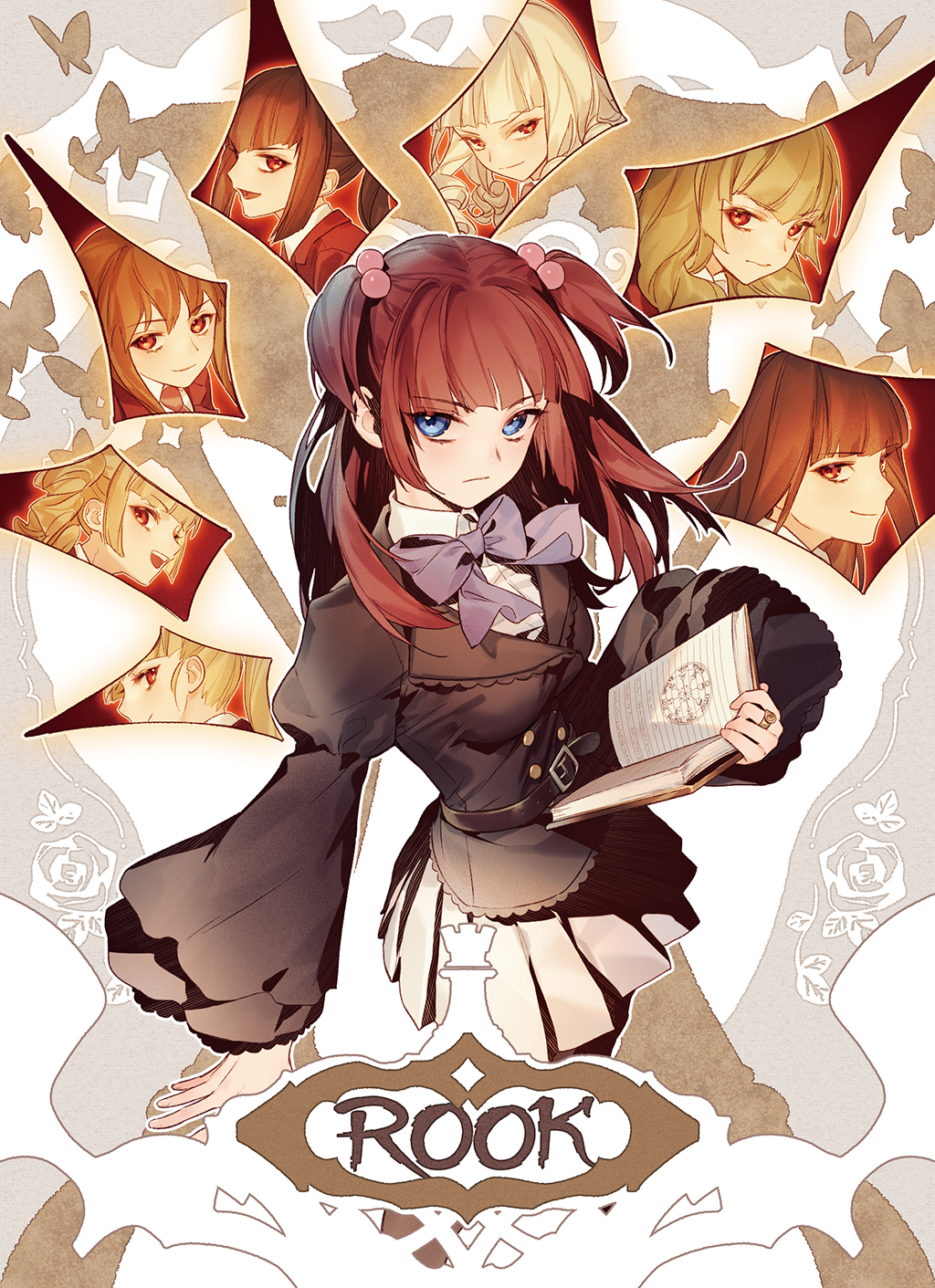 aluce asmodeus_(umineko) beelzebub_(umineko) belphegor_(umineko) blue_eyes book chess_piece highres leviathan_(umineko) lucifer_(umineko) mammon_(umineko) red_hair rook_(chess) satan_(umineko) serious stakes_of_purgatory umineko_no_naku_koro_ni ushiromiya_ange