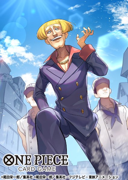 3boys arm_behind_back black_jacket black_pants blonde_hair blue_neckerchief bob_cut buttons commentary_request copyright_name dutch_angle formal_clothes hat helmeppo jacket jewelry looking_at_viewer looking_down male_focus multiple_boys navy neckerchief necklace official_art one_piece one_piece_card_game pants sky suit sunlight sunohara_(encount)