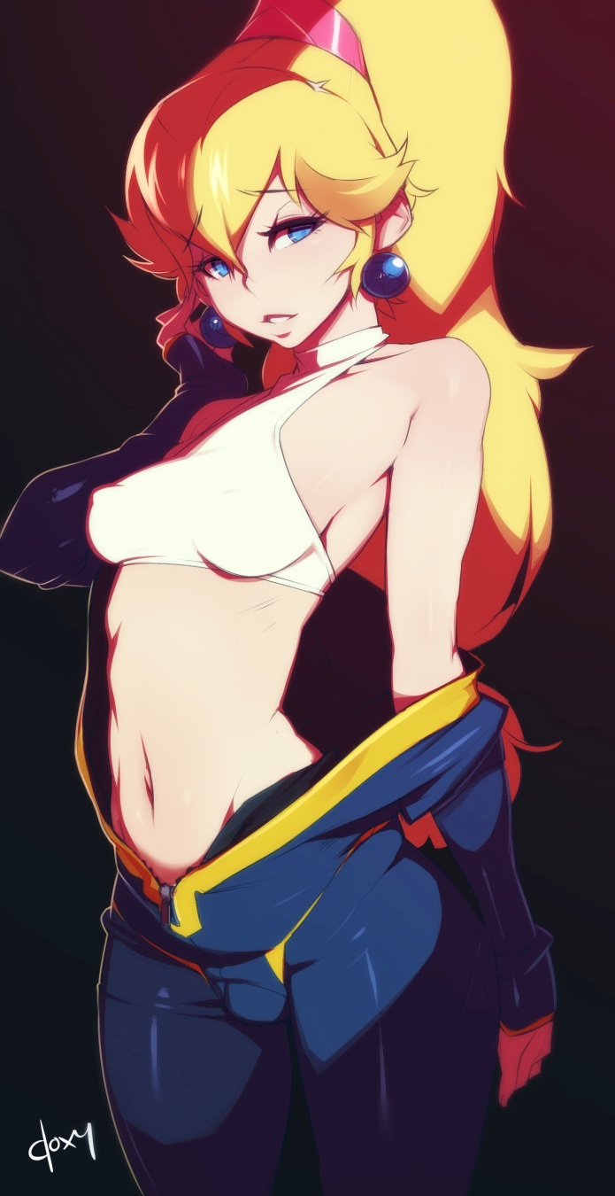 1girl alternate_hairstyle bare_shoulders blonde_hair blue_eyes breasts commentary doxy earrings english_commentary fallout halterneck highres jewelry jumpsuit long_hair mario_(series) medium_breasts midriff narrow_waist navel nintendo off_shoulder partially_unzipped ponytail princess_peach scrunchie solo sphere_earrings super_smash_bros. thighs underboob undressing unzipped vault_suit