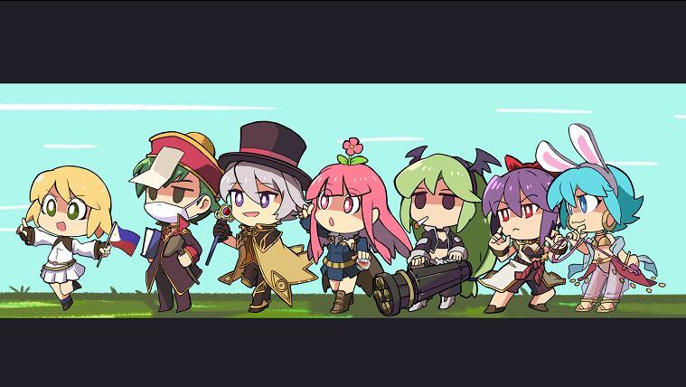2boys 5girls alchemist_(ragnarok_online) animal_ears bikini black_coat black_gloves black_hat black_pants black_wings blonde_hair blue_dress blue_gloves book bow brown_cape brown_capelet brown_jacket brown_shirt brown_shorts brown_tank_top cape capelet chibi chibi_only chorvaqueen cigarette closed_mouth coat coin_(ornament) commentary crop_top dancer_(ragnarok_online) demon_wings dress elbow_gloves empty_eyes english_commentary fake_animal_ears fake_wings fighting_stance fingerless_gloves flag flower flower_on_head full_body fur-trimmed_sleeves fur_trim game_master_(ragnarok_online) gatling_gun gloves gold_trim green_eyes green_hair grey_hair gun gunslinger_(ragnarok_online) hair_bow hand_up harem_pants hat head_wings holding holding_book holding_flag holding_gun holding_staff holding_weapon holding_whip jacket long_hair long_sleeves mask minigun monk_(ragnarok_online) mouth_mask multicolored_coat multiple_boys multiple_girls no_mouth open_clothes open_coat open_jacket open_mouth pants philippine_flag pink_eyes pink_flower pink_hair priest_(ragnarok_online) purple_eyes purple_hair qingdai_guanmao rabbit_ears ragnarok_online red_bow red_coat red_skirt see-through_clothes see-through_pants shaded_face shirt shoes short_hair shorts showgirl_skirt skirt smile staff swimsuit tank_top top_hat two-tone_coat walking weapon white_coat white_dress wings wizard_(ragnarok_online) yellow_bikini