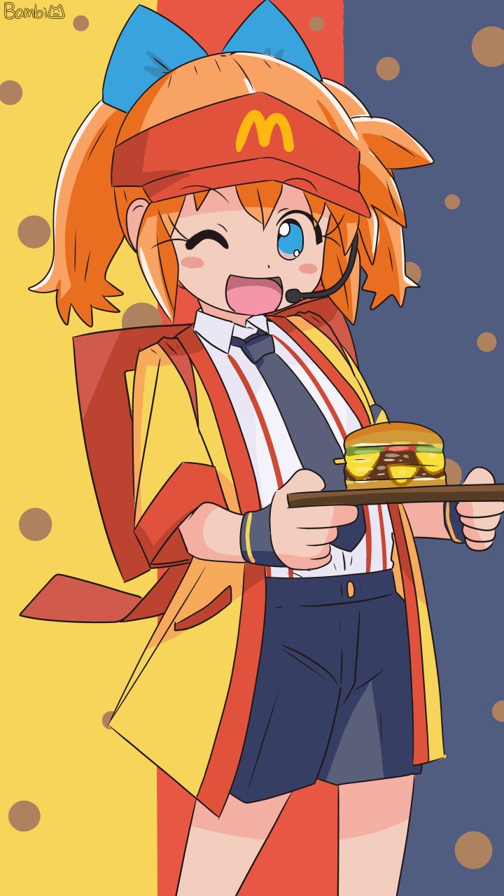 1girl ;d artist_name back_bow badge bambi2000line black_background black_necktie black_shorts blue_bow blue_eyes blush_stickers bow burger button_badge cheese collared_shirt cosplay cowboy_shot dot_nose employee_uniform fast_food_uniform food fushigi_mahou_fun_fun_pharmacy hair_between_eyes hair_bow happi hat headset highres holding holding_tray imadake_dabuchi_tabemi imadake_dabuchi_tabemi_(cosplay) japanese_clothes long_hair looking_at_viewer mcdonald&#039;s microphone necktie no_sclera one_eye_closed open_clothes open_happi open_mouth orange_hair pickle pinstripe_pattern pinstripe_shirt polka_dot polka_dot_background popuri_(fushigi_mahou_fun_fun_pharmacy) red_background red_trim red_visor serving shirt shorts smile solo striped_clothes striped_shirt three-toned_background tie_clip tomato tomato_slice tray two_side_up vertical-striped_clothes vertical-striped_shirt visor_cap white_shirt wristband yellow_background yellow_happi