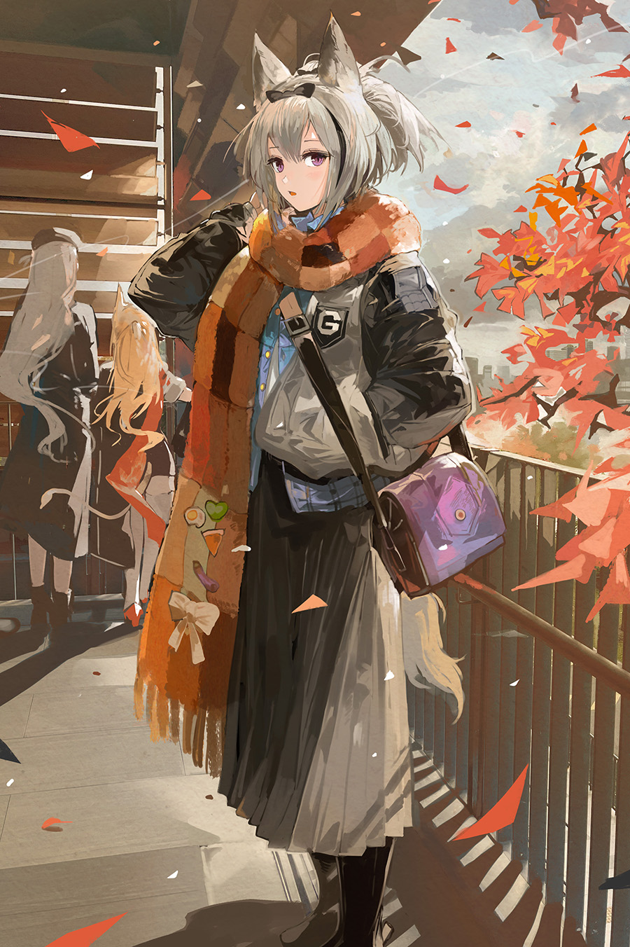 3girls :o alchemaniac animal_ears arknights bag black_bow black_footwear black_jacket blue_shirt blush boots bow bow_hairband branch cloud collared_shirt day falling_leaves fringe_trim from_side full_body grani_(arknights) grey_skirt hairband hand_in_pocket handbag highres horse_ears horse_girl jacket leaf letterman_jacket long_skirt long_sleeves looking_at_viewer multicolored_jacket multiple_girls open_mouth orange_scarf outdoors pleated_skirt purple_eyes railing scarf shadow shirt skirt solo_focus two-tone_jacket white_jacket