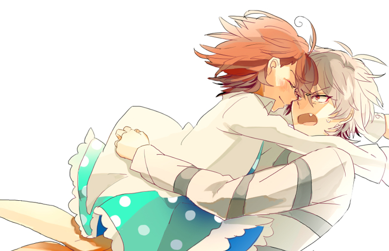 1boy 1girl accelerator_(toaru_majutsu_no_index) ahoge albino brown_hair closed_eyes dress fang hetero hug last_order_(toaru_majutsu_no_index) open_mouth polka_dot red_eyes rina rina_(toymicazm) shirt simple_background smile striped_clothes striped_shirt toaru_majutsu_no_index white_background white_hair