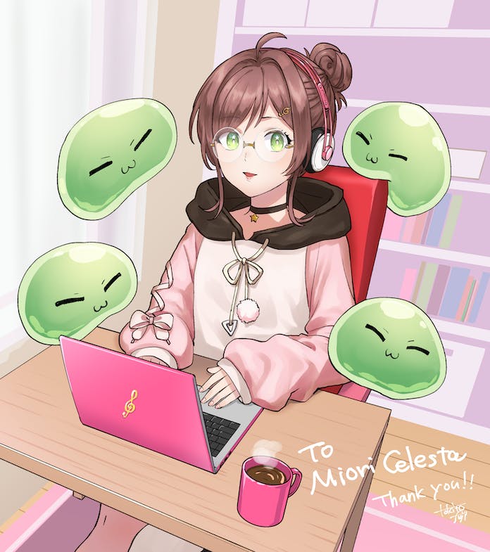 1girl :3 artist_name black_choker bow brown_hair character_name choker coffee commission computer cowlick cup fortissimo green_eyes hair_bun hair_ornament headphones hood hood_down hoodie indie_virtual_youtuber laptop looking_at_viewer miori_celesta miori_celesta_(comfy) miori_celesta_(guildmaster) mug musical_note musical_note_hair_ornament official_alternate_costume pink_bow single_hair_bun sitting skeb_commission slime_(creature) smile solo steam tokitou_fuji treble_clef virtual_youtuber white_hoodie